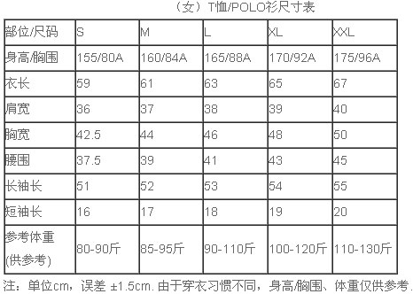 女T恤尺碼對(duì)照表